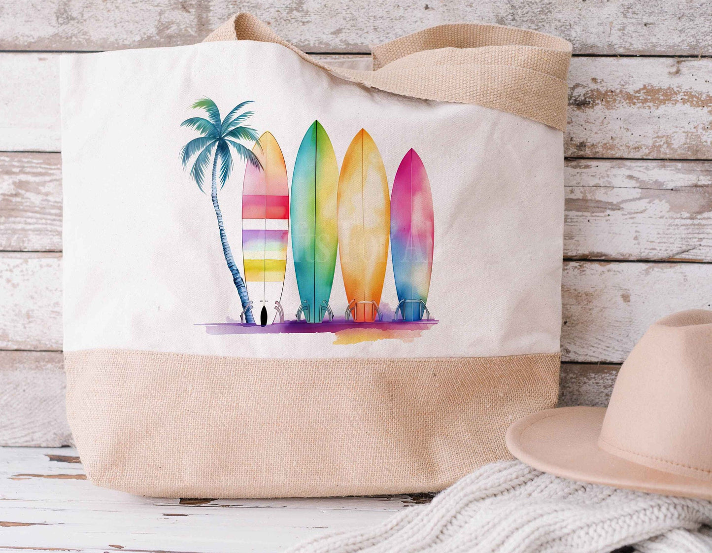 Large Sufer Beach Bag Bright Surf Jute Tote Bag Surfing Lover Bag