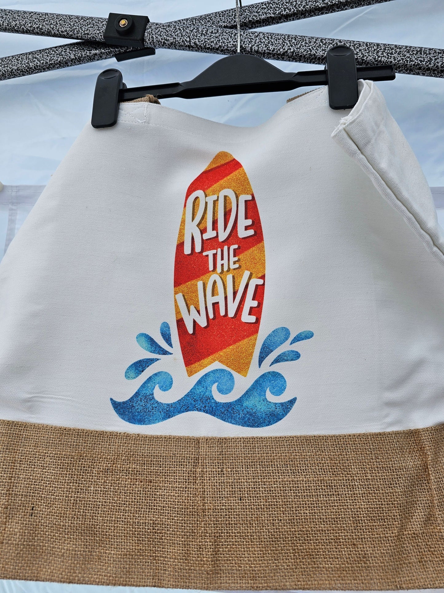 Ride The Waves Jute Tote Shopper Picnic Beach Bag, Eco Friendly Jute