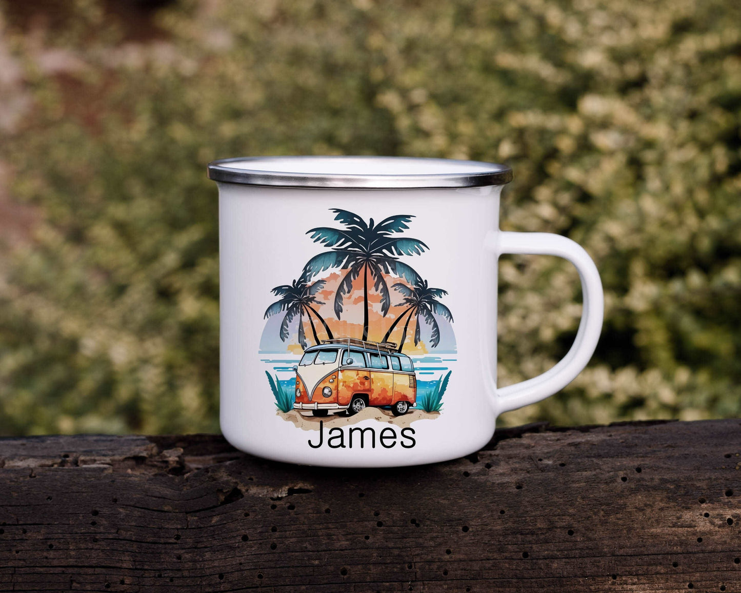 Enamel Metal Camping Mug, Outdoor Mug, Personalised Orange Camper Mug, Camper Sunset Cup