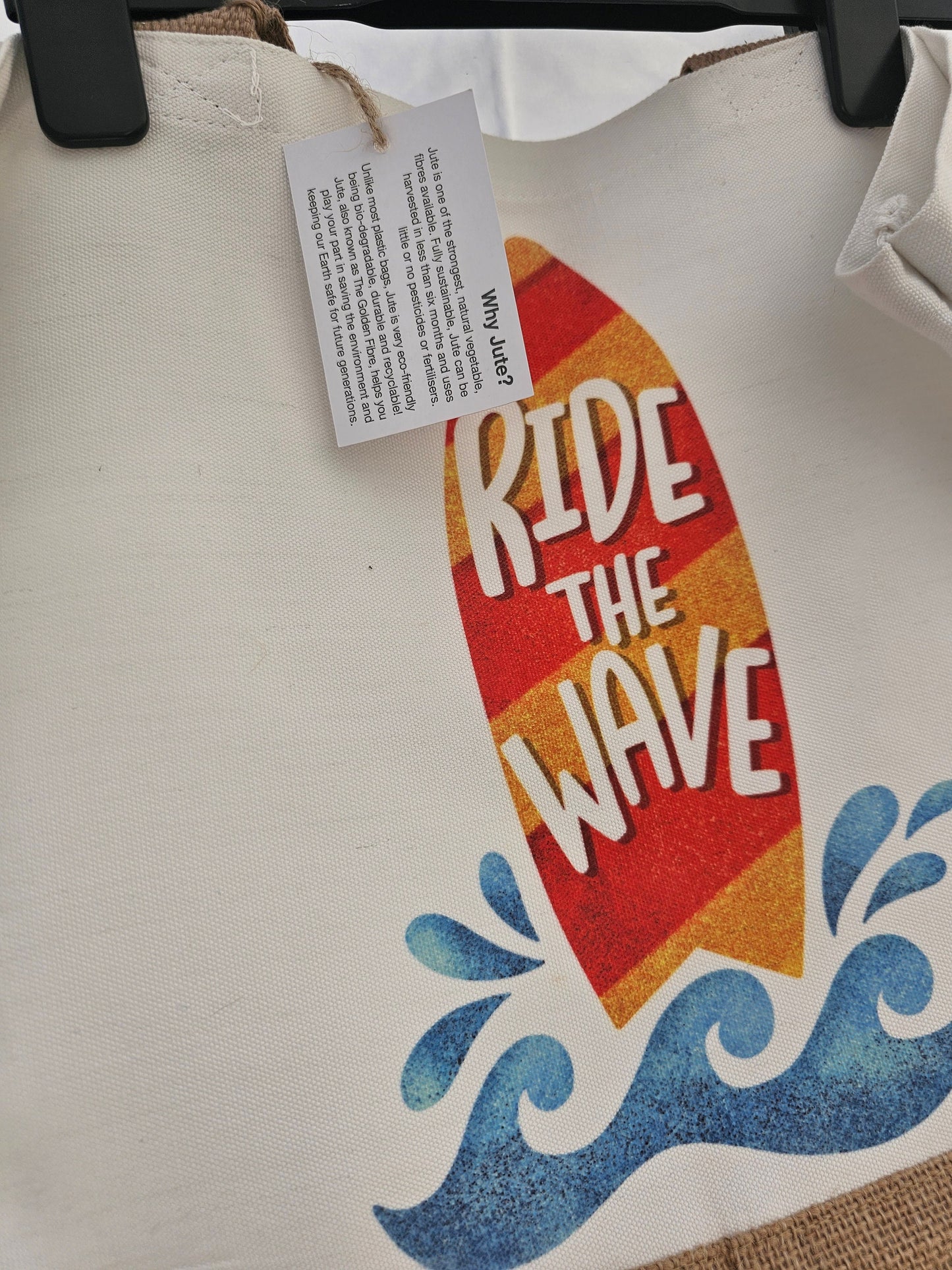 Ride The Waves Jute Tote Shopper Picnic Beach Bag, Eco Friendly Jute