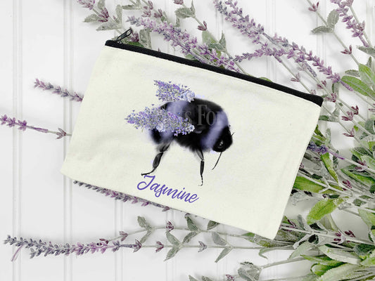 Lavender Floral Bee Zip Pouch, Woman Girl Make Up Bag, Personalised Bee Pouch Bag