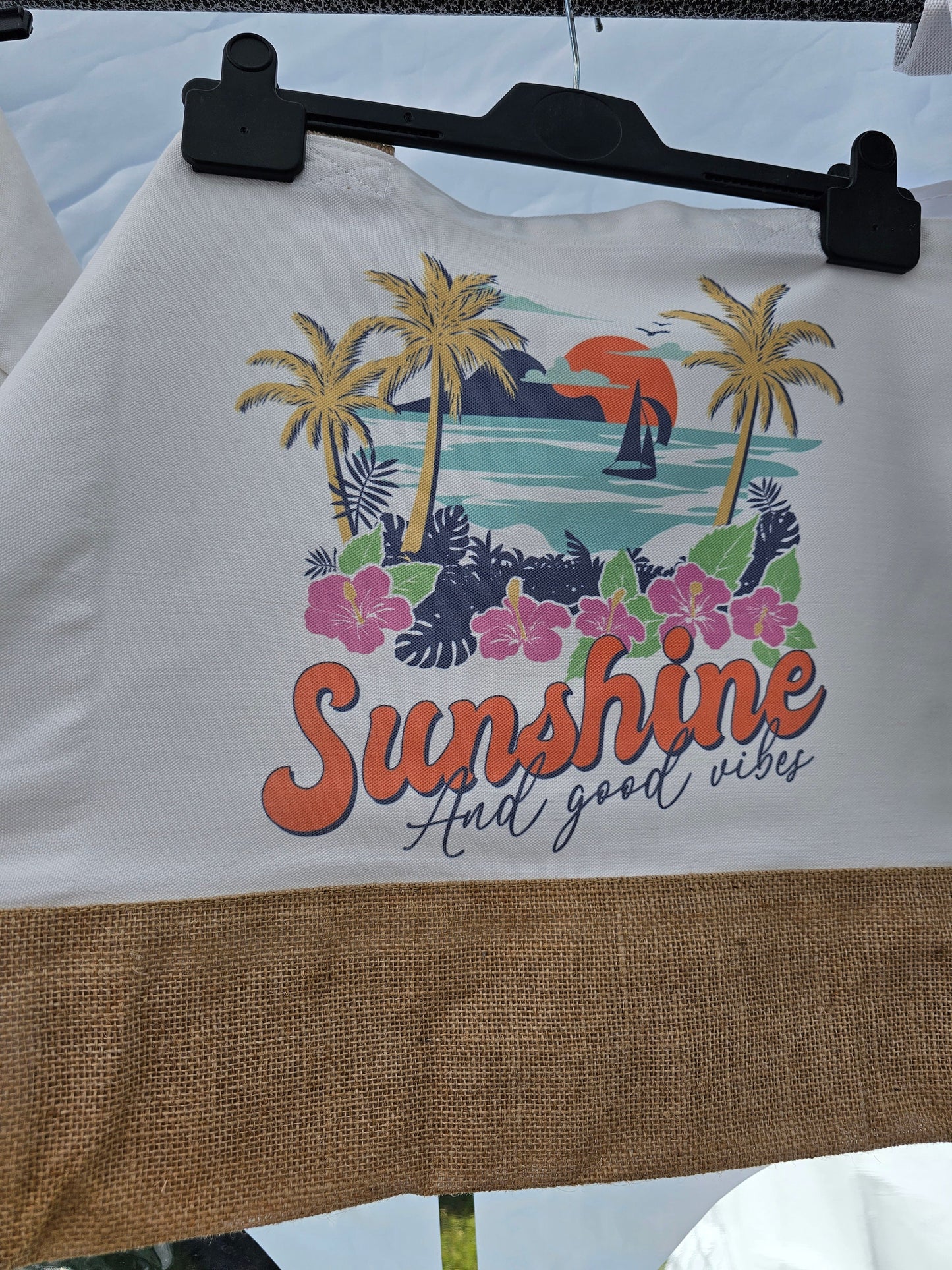 Large Jute Tote Bag Sunshine And Good Vibes Beach Bag Vintage Summer Holiday Bag