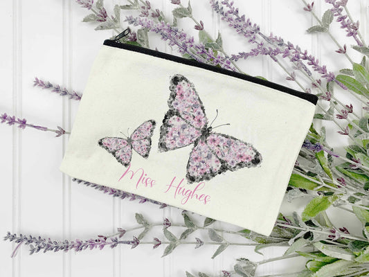 Personalised Pink Butterfly Zip Pouch Bag, Girl Women Make Up Bag, Butterfly Zip Bag For Teen