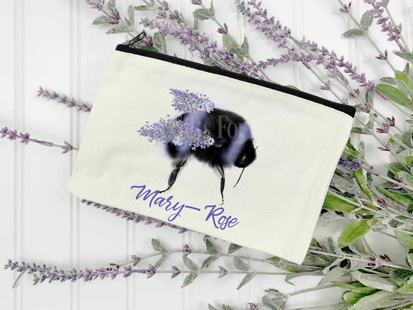 Lavender Floral Bee Zip Pouch, Woman Girl Make Up Bag, Personalised Bee Pouch Bag