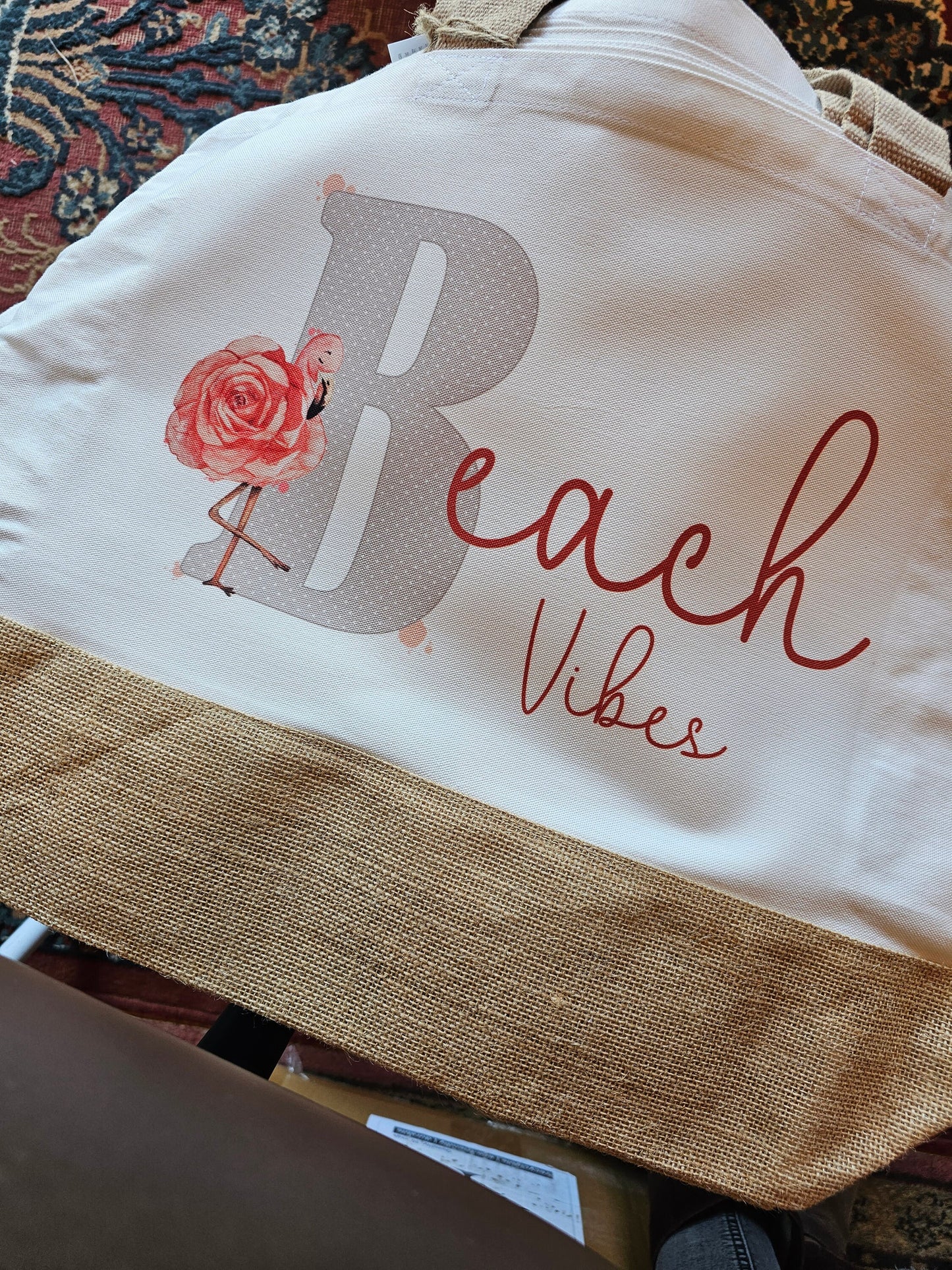 Large Beach Jute Totebag Flamingo Beach Vibes Bag Floral Flamingo Family Holiday Pool Bag