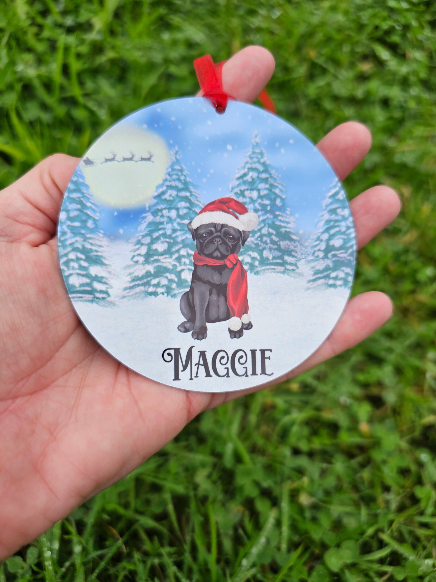 Personalised Christmas Black Pug Tree Decoration, Pug Metal Christmas Hanging Ornament