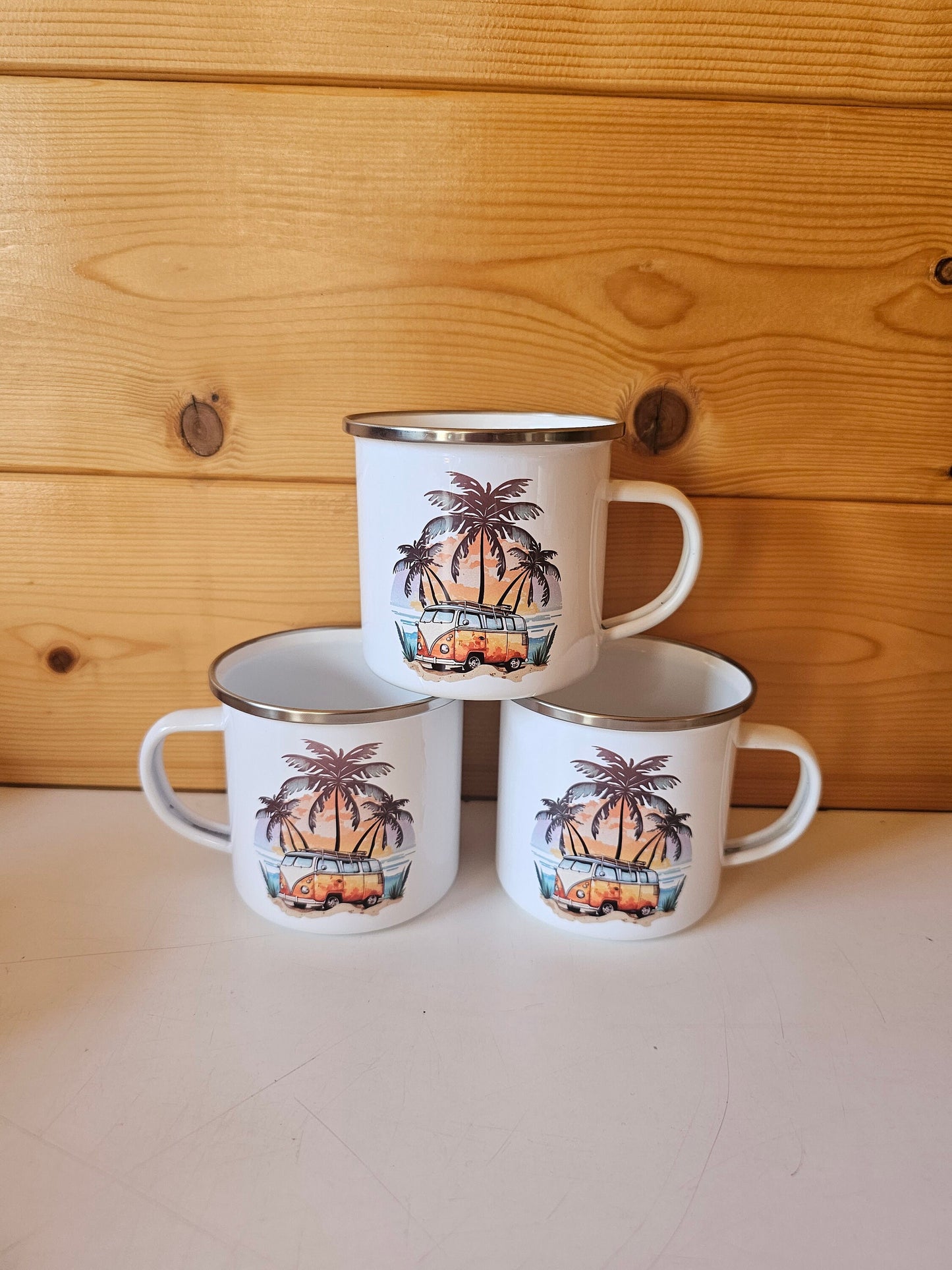Enamel Metal Camping Mug, Outdoor Mug, Personalised Orange Camper Mug, Camper Sunset Cup