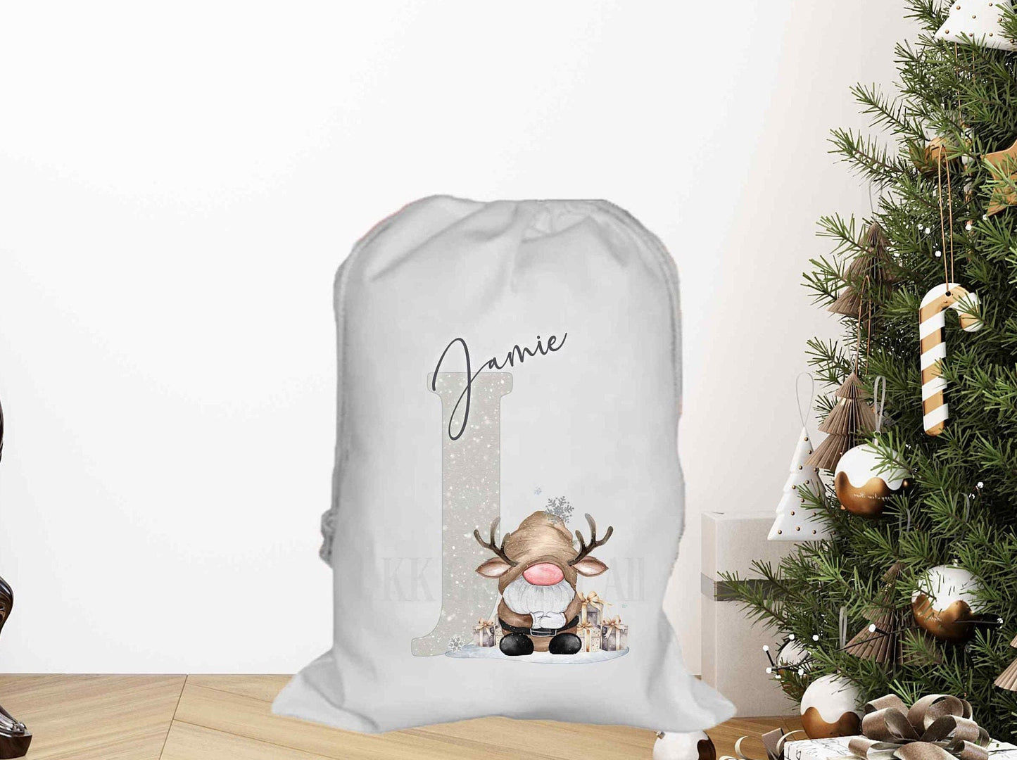 Personalised Christmas Santa Sack, Brown Reindeer Gonk Xmas Present Drawstring Sack