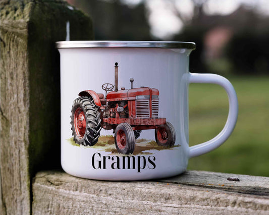 Personalised Enamel Tractor Mug, Vintage Red Tractor Gift, Metal Outdoor Farm Tractor Mug
