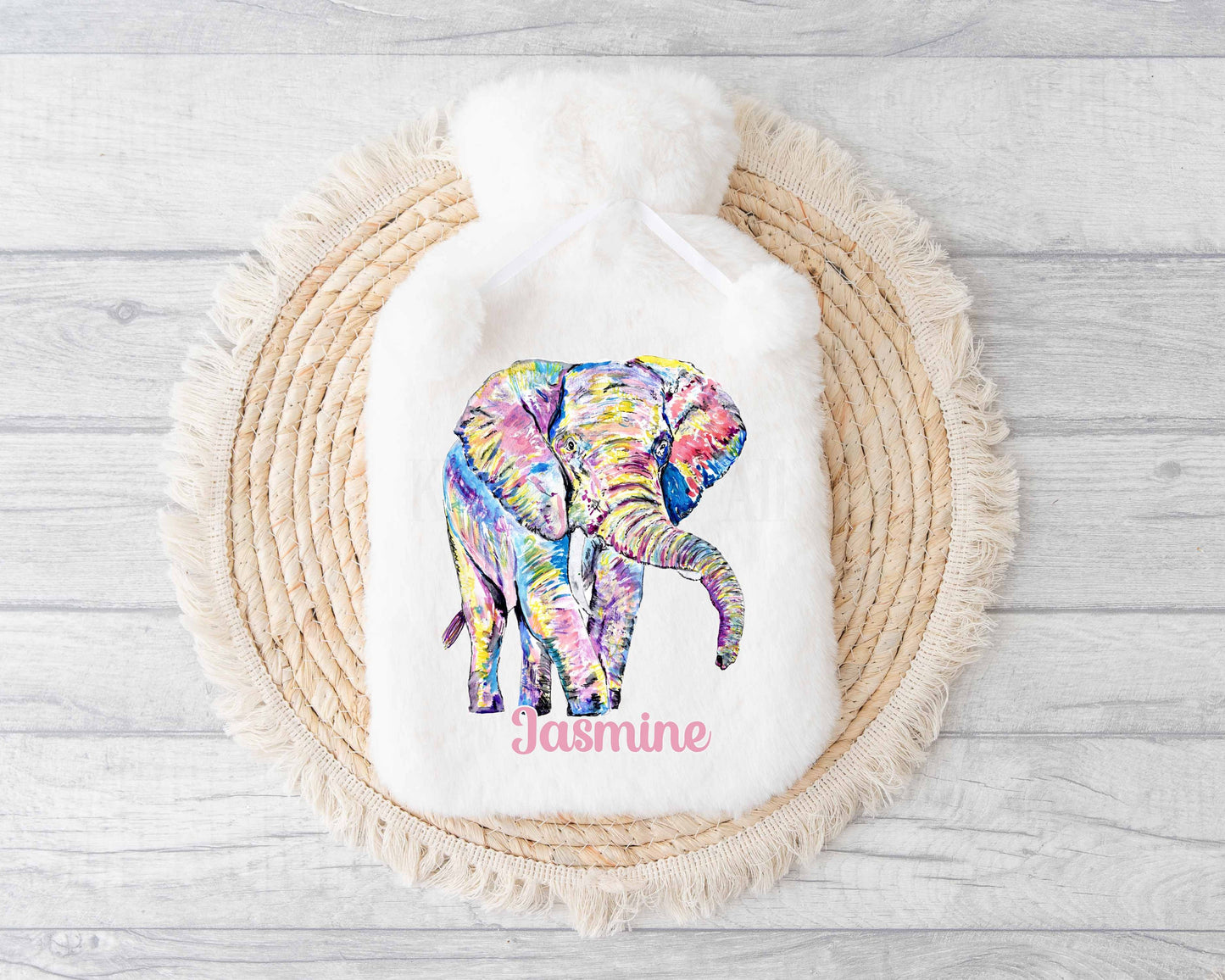 Rainbow Elephant Hot Water Bottle, Personalised Elephant Gifts, Elephant Lover Christmas Present