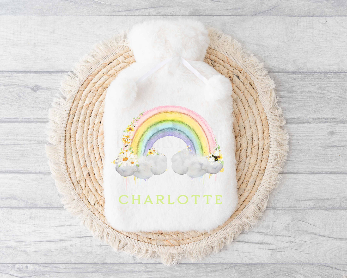 Personalised Hot Water Bottle, Pastel Rainbow With Bee, Gifts For Mum Gran Nan Daughter