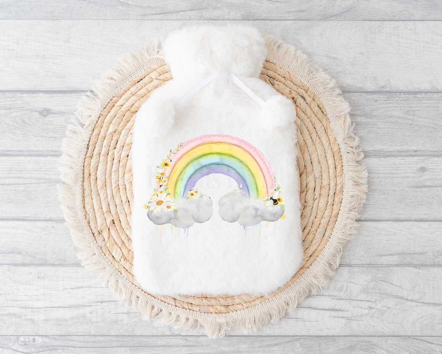 Personalised Hot Water Bottle, Pastel Rainbow With Bee, Gifts For Mum Gran Nan Daughter