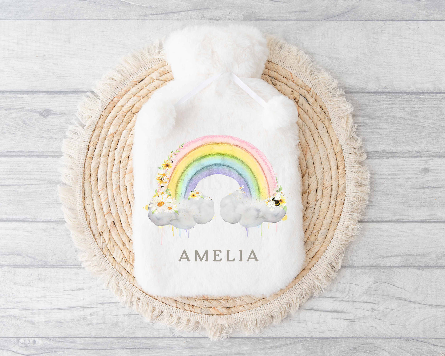 Personalised Hot Water Bottle, Pastel Rainbow With Bee, Gifts For Mum Gran Nan Daughter