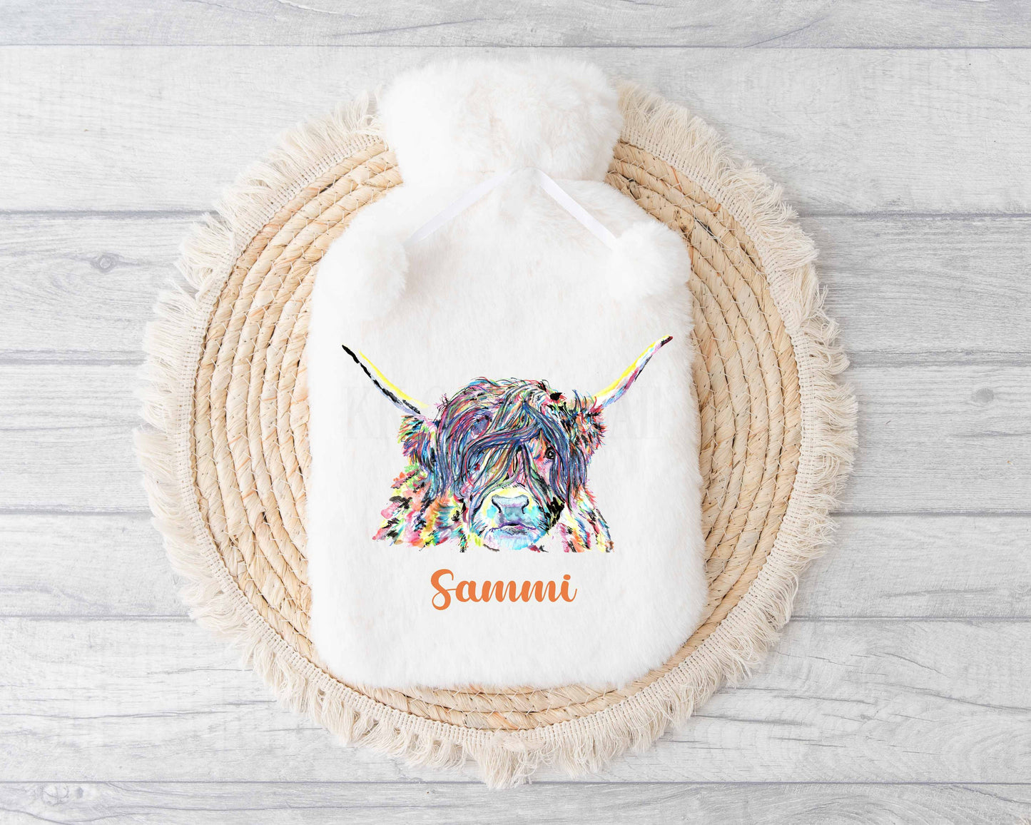 Highland Cow Hot Water Bottle, Personalised Highland Cow Gift, Rainbow Highland Cow