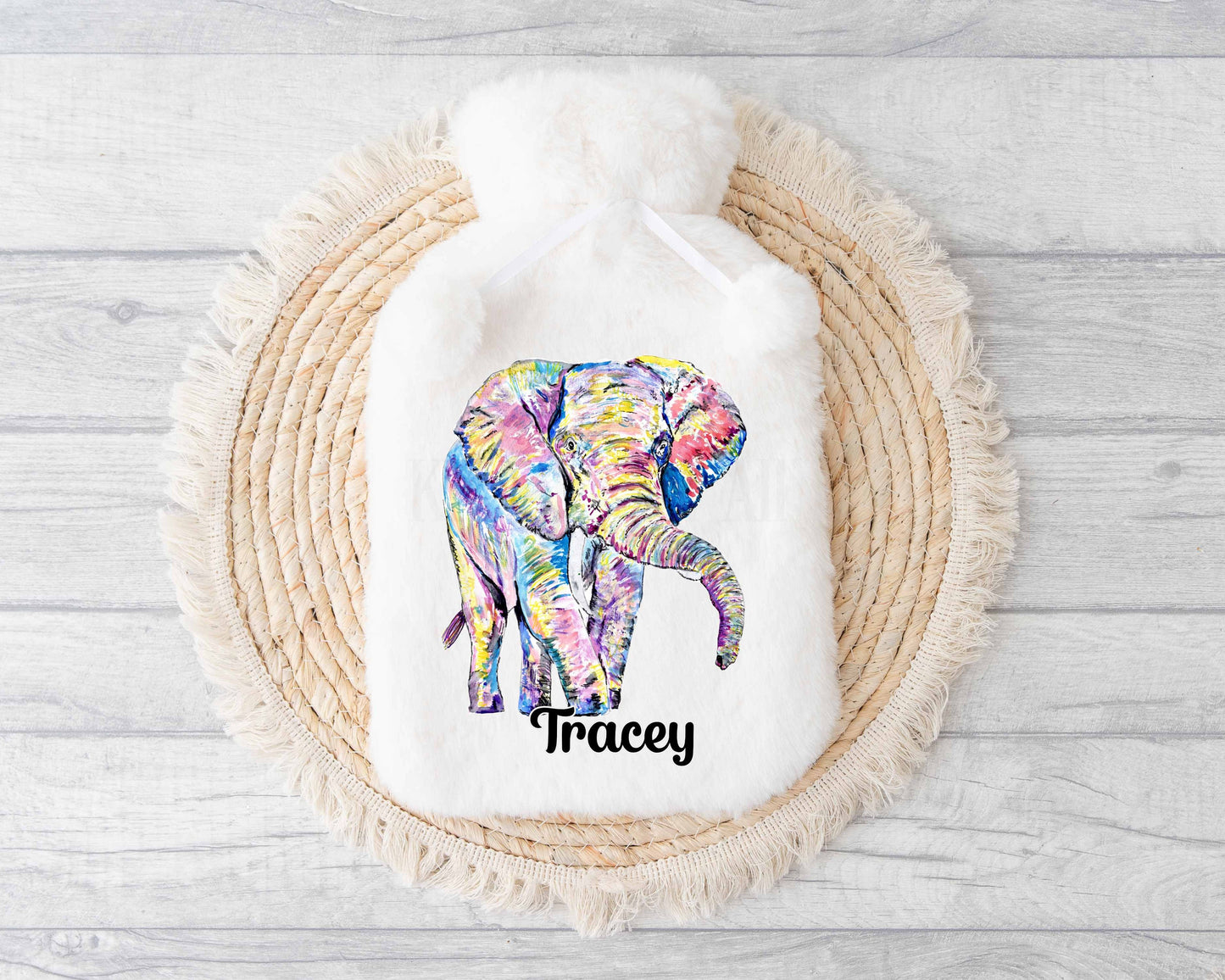 Rainbow Elephant Hot Water Bottle, Personalised Elephant Gifts, Elephant Lover Christmas Present