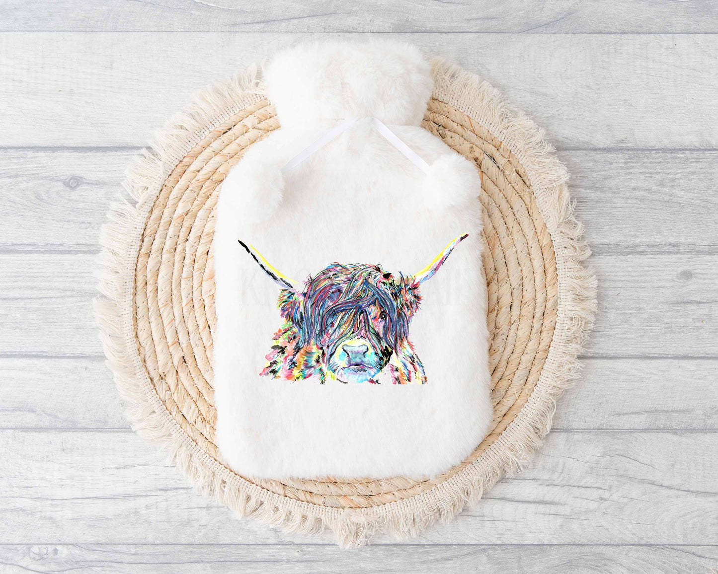 Highland Cow Hot Water Bottle, Personalised Highland Cow Gift, Rainbow Highland Cow