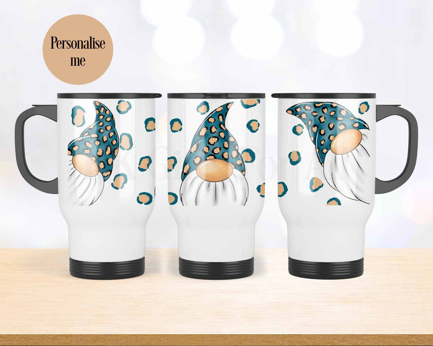 Teal Gonk Travel Mug, Personalised Hot Drink Cup, Female Travel Mug, Gift For Gonk Lovers