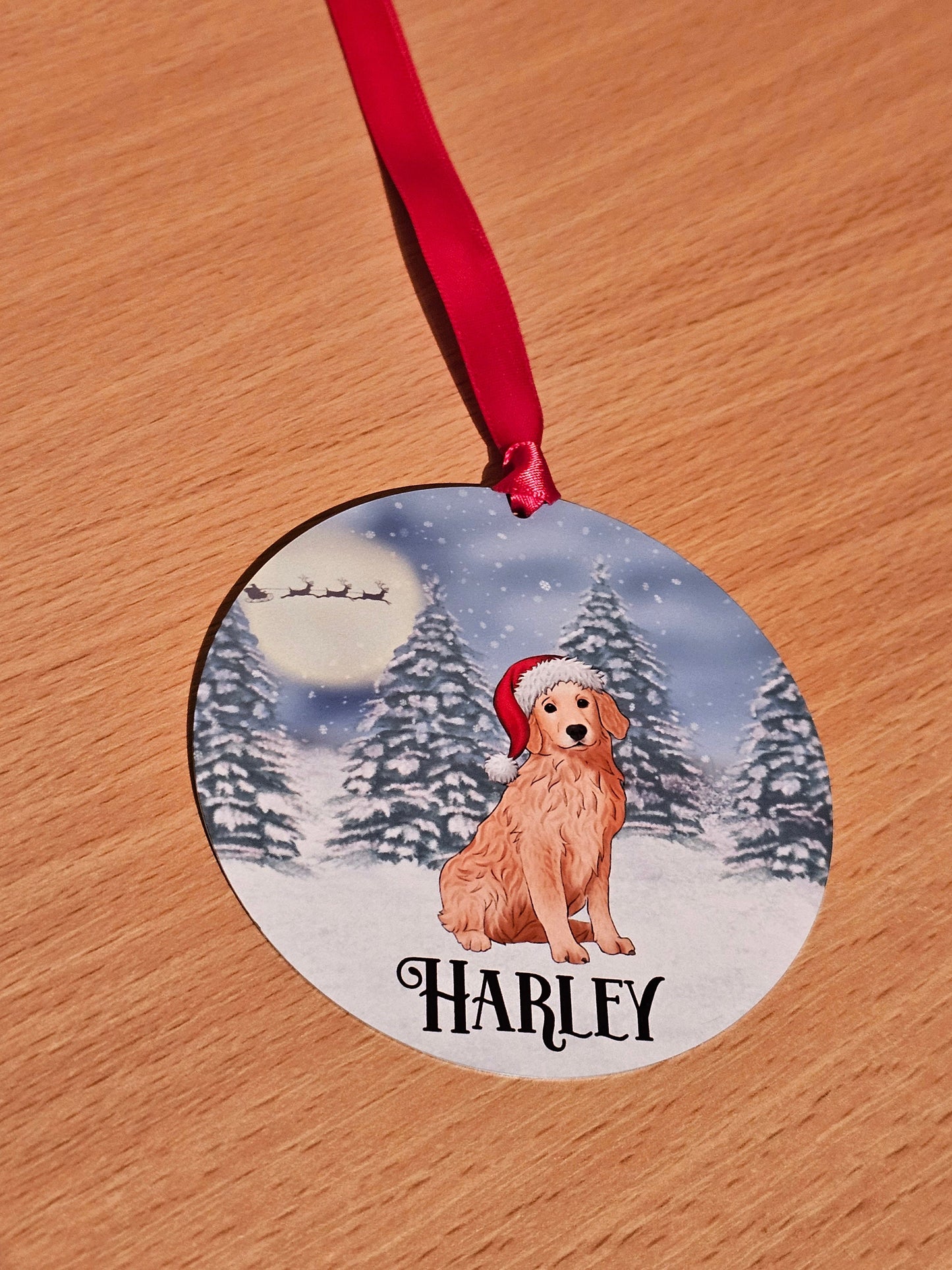 Personalised Christmas Tree Decoration, Golden Retriever Xmas Metal Hanging Dec, Santa Hat Golden Retrieve Ornament