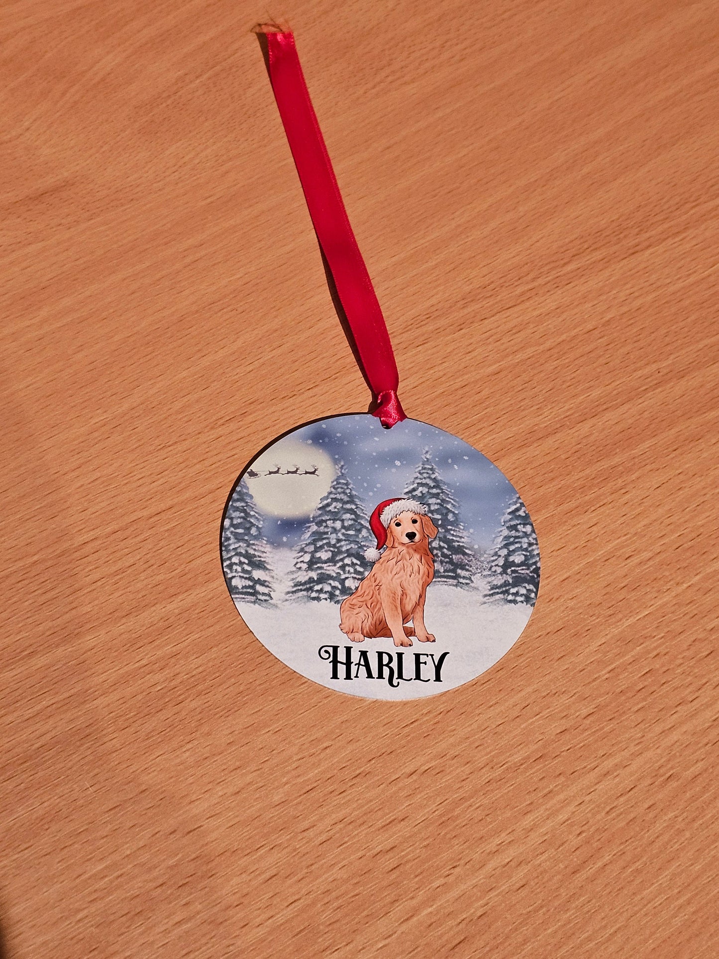 Personalised Christmas Tree Decoration, Golden Retriever Xmas Metal Hanging Dec, Santa Hat Golden Retrieve Ornament