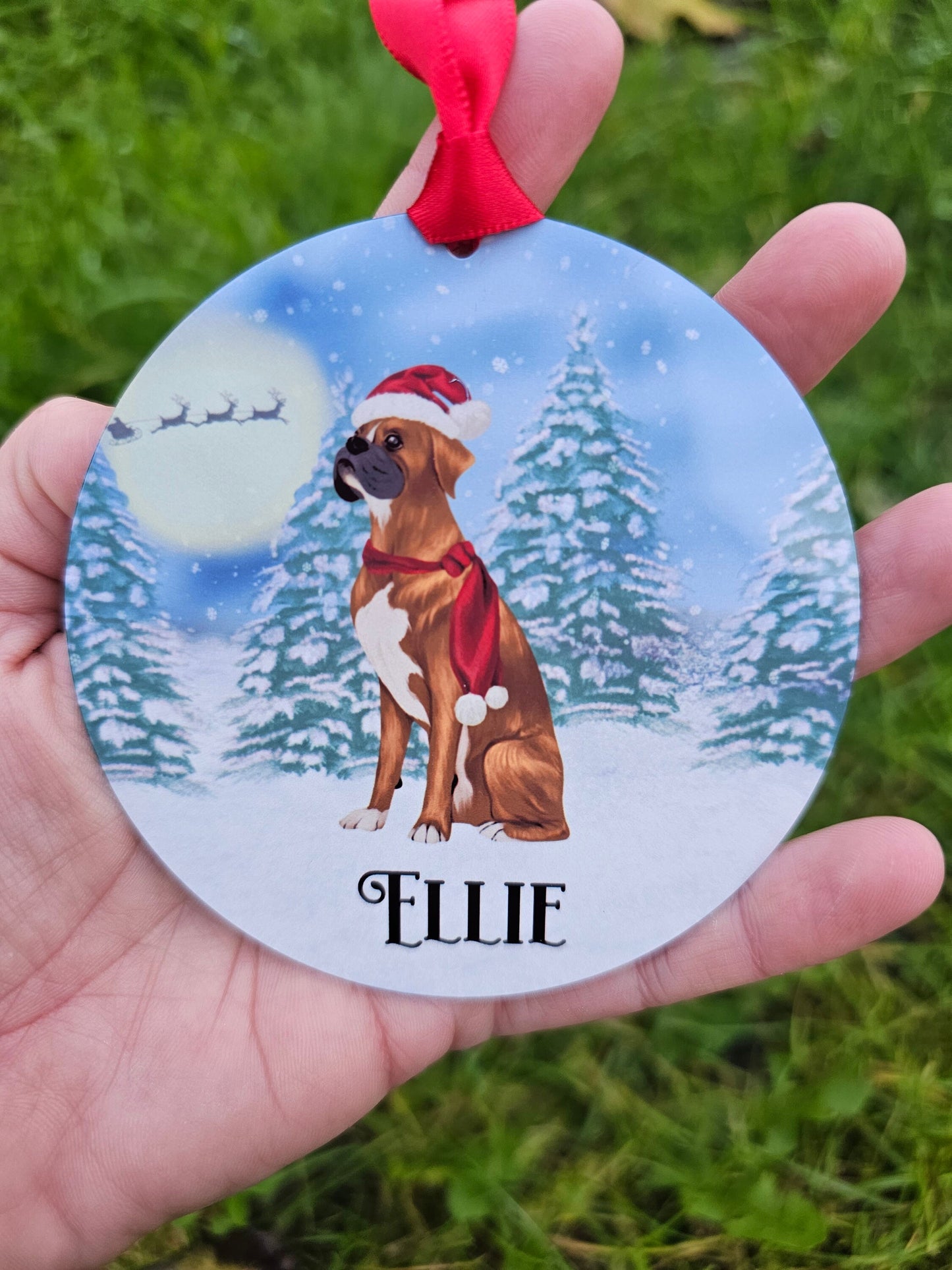 Personalised Christmas Tree Decoration, Metal Hanging Ornament, Xmas Boxer Dog Tree Dec, Tan Ginger Brown Boxer