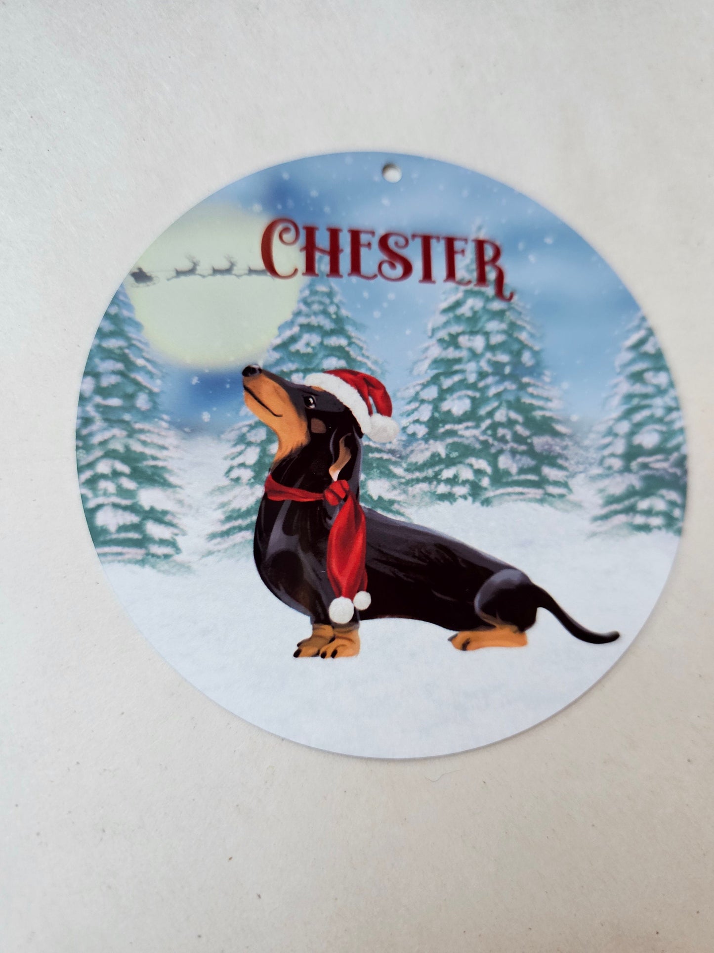 Personalised Dachshund Christmas Tree Decoration, Black & Brown Dachshund Metal Tree Hanging Ornament, Sausage Dog