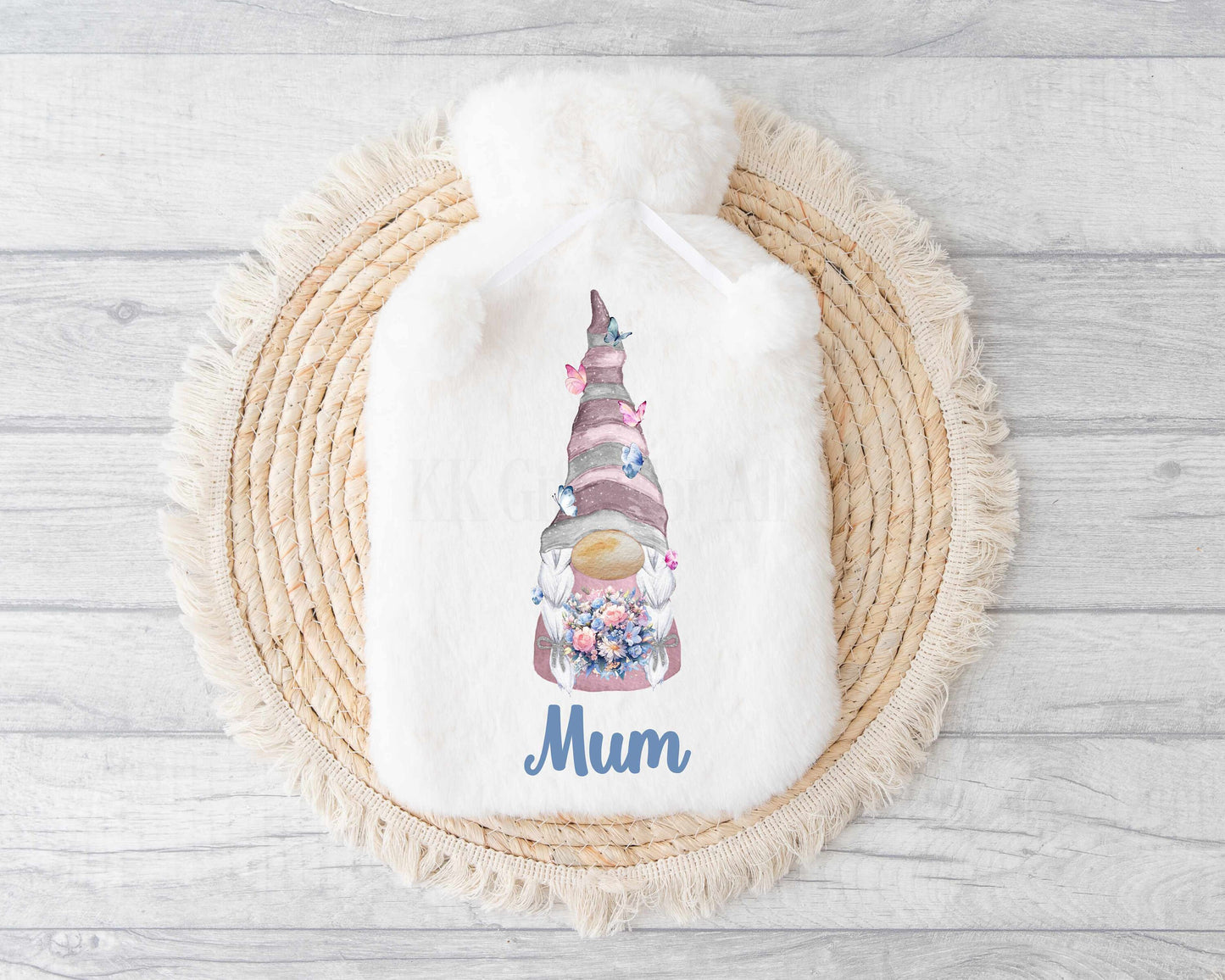 Floral Gonk Hot Water Bottle, Personalised Gnome Gift For Mum Nan Wife, Pink Valentine Mother's Day Gonk