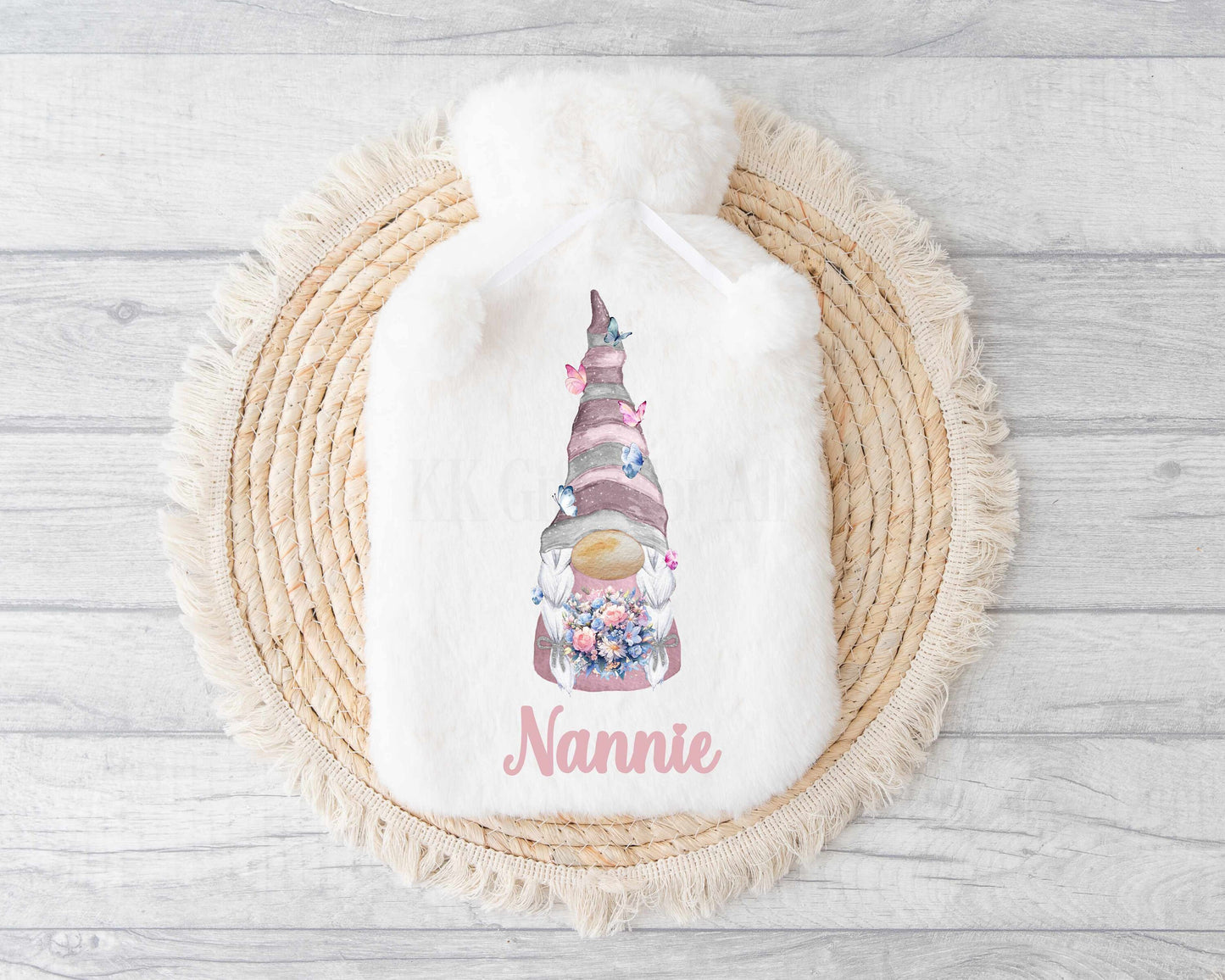 Floral Gonk Hot Water Bottle, Personalised Gnome Gift For Mum Nan Wife, Pink Valentine Mother's Day Gonk