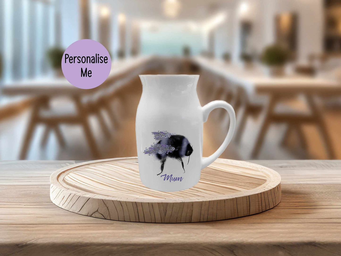 Personalised Lilac Bee Milk Jug Vase, Wildflowers Vase, Mother's Day Gifts, Mum Nan Grandma Aunti Friend Gift, Get Well Soon Gift