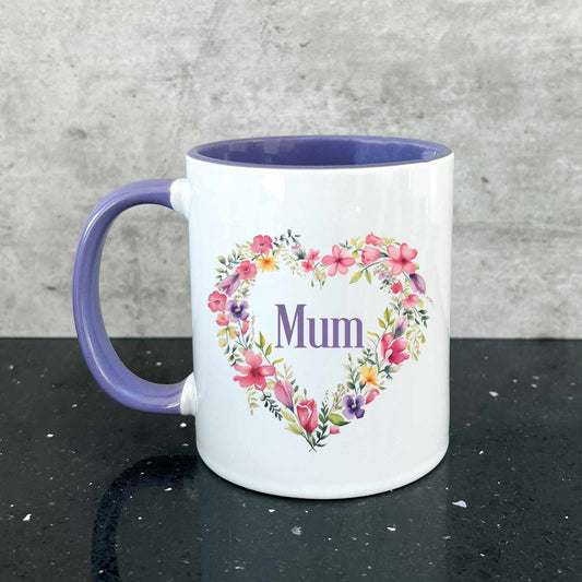 Personalsied Purple Mug, Floral Heart, Mother's Day Mug & Coaster