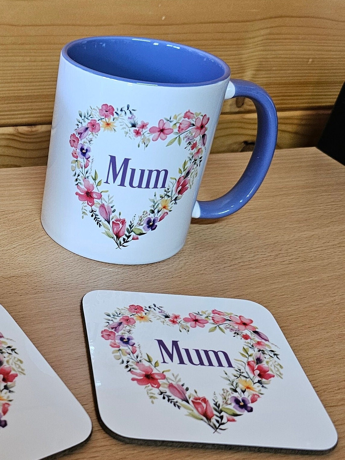 Personalsied Purple Mug, Floral Heart, Mother's Day Mug & Coaster