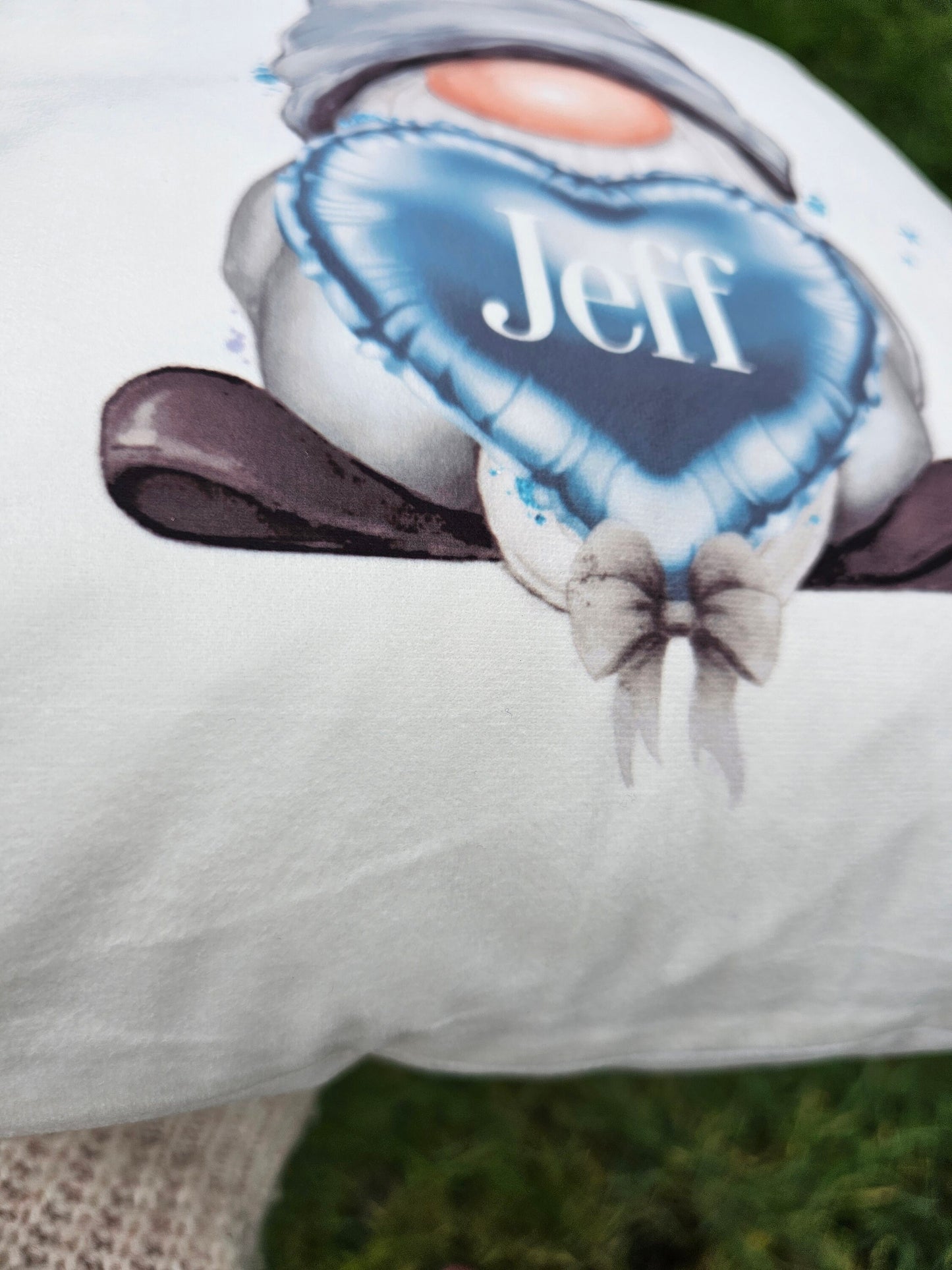 Personalised Gonk Cushion, Blue Gonk Holding Heart