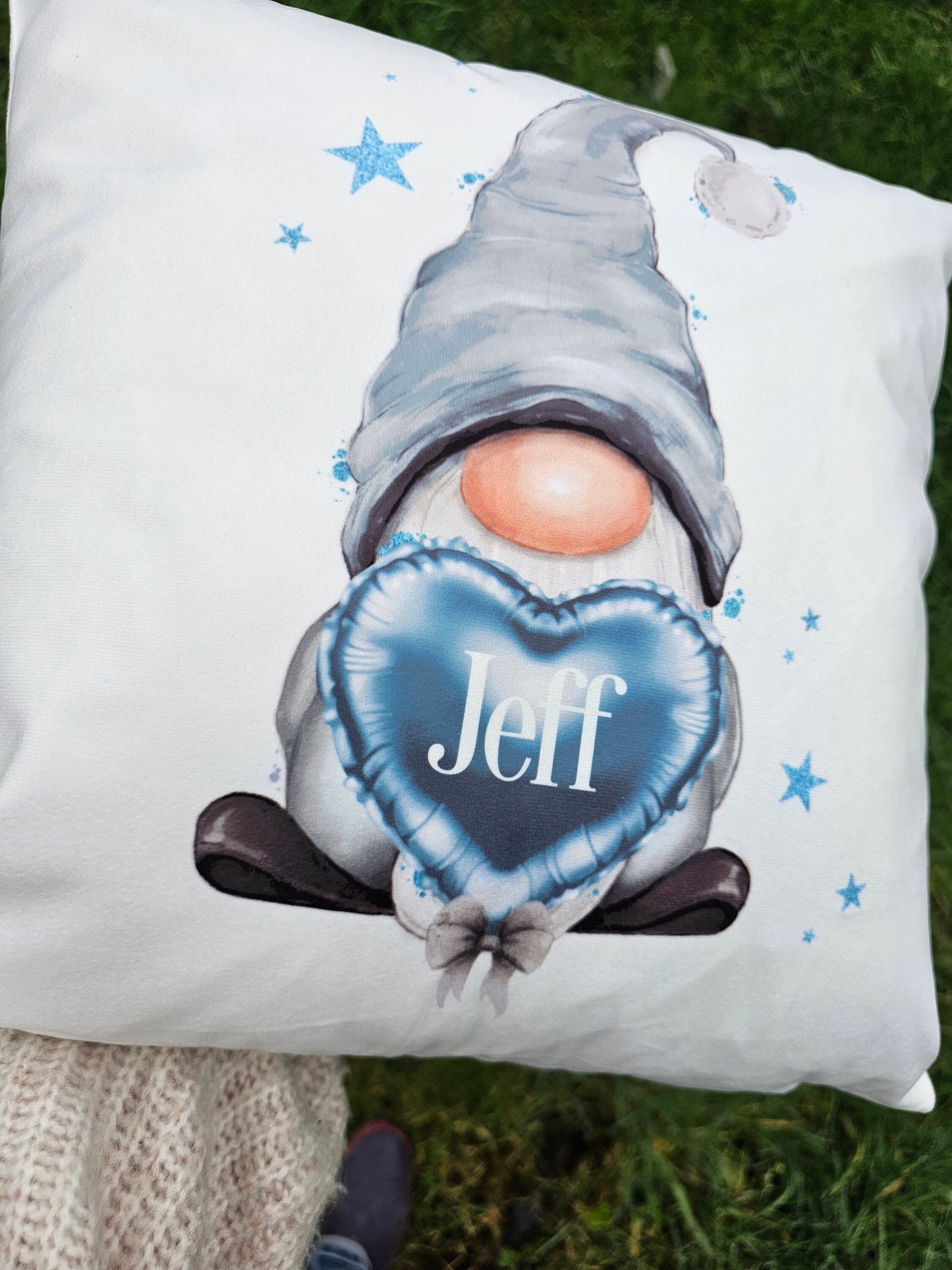 Personalised Gonk Cushion, Blue Gonk Holding Heart
