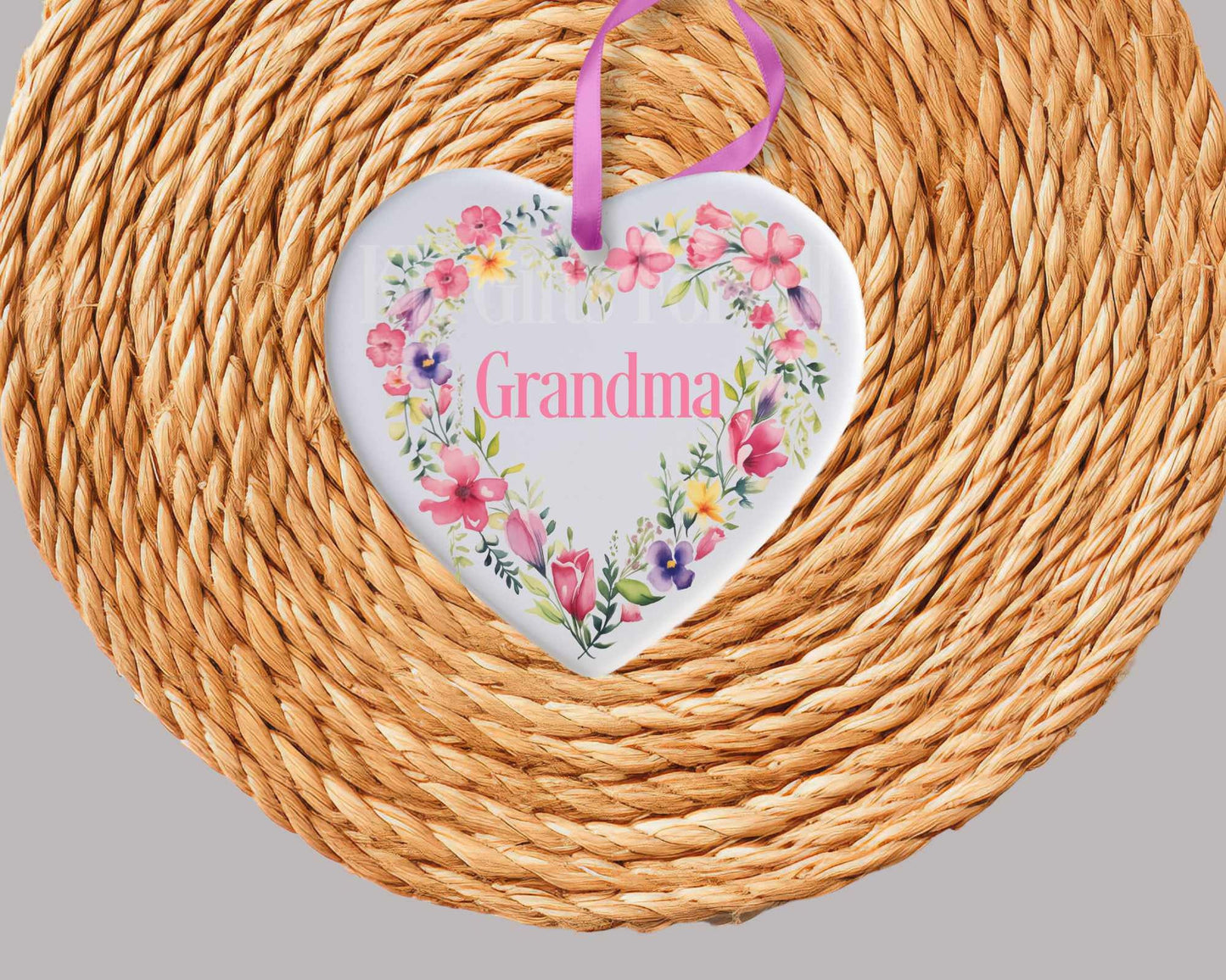 Personalised Ceramic Heart Decoration, Mothers Day Gift Mum Nan Gran Godmother, Floral Heart Hanging Ornament