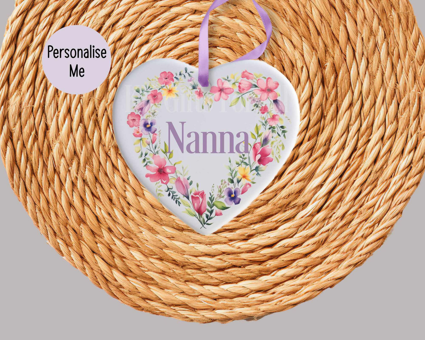 Personalised Ceramic Heart Decoration, Mothers Day Gift Mum Nan Gran Godmother, Floral Heart Hanging Ornament