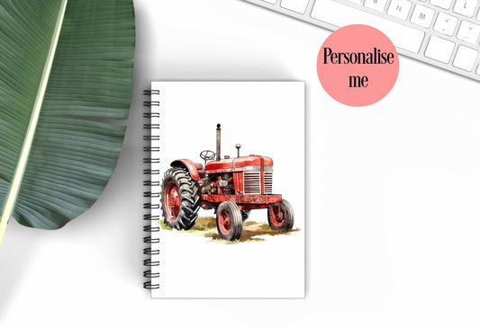 Personalised Tractor A5 Notepad, Red Vintage Tractor Gift, Classic Tractor Notebook For Dad Grandad Farmer
