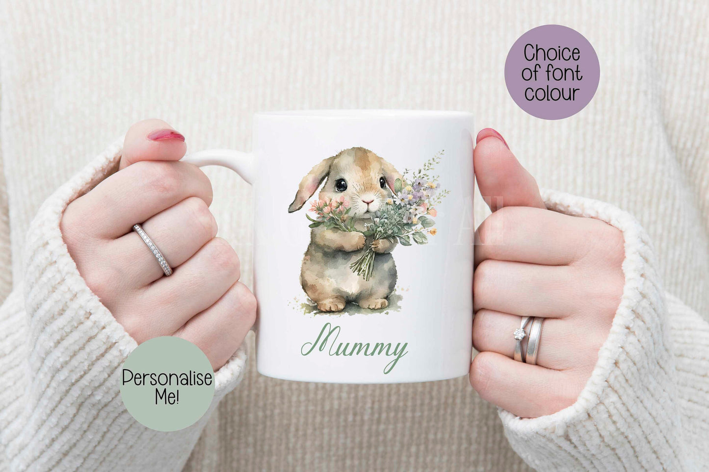 Personalised Bunny Mug & Coaster, Bunny Rabbit With Flowers, Spring Bunny Mug, Easter Mug