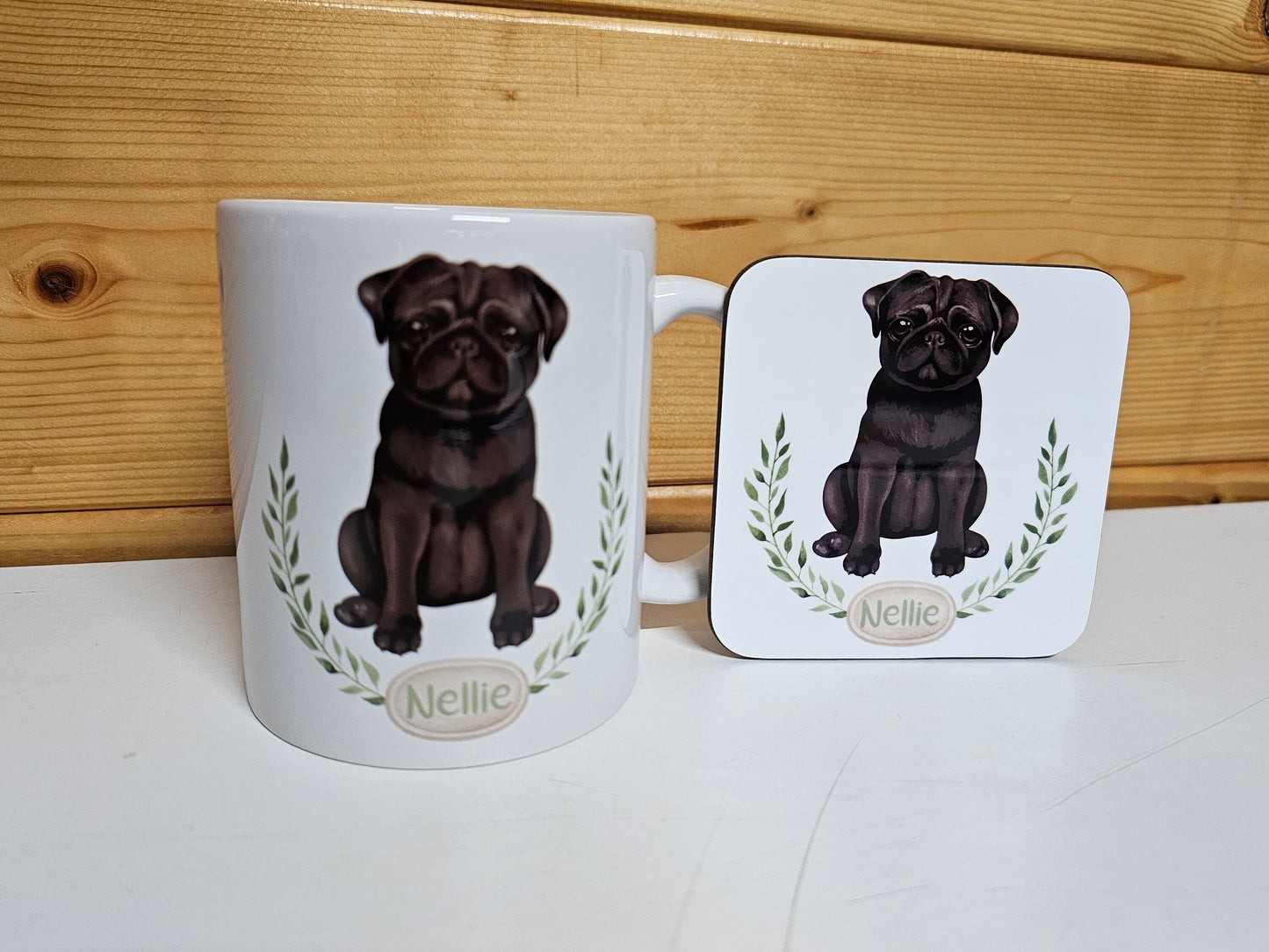 Personalised Black Pug Mug & Coaster, Gift For Pug Dog Owner