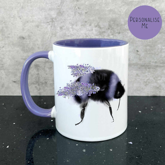 Personalised Floral Bee Mug & Coaster, Purple Lilac Been, Bee Lover Gifts, Mother's Day Floral Bumble Bee, Bee Keeper Present