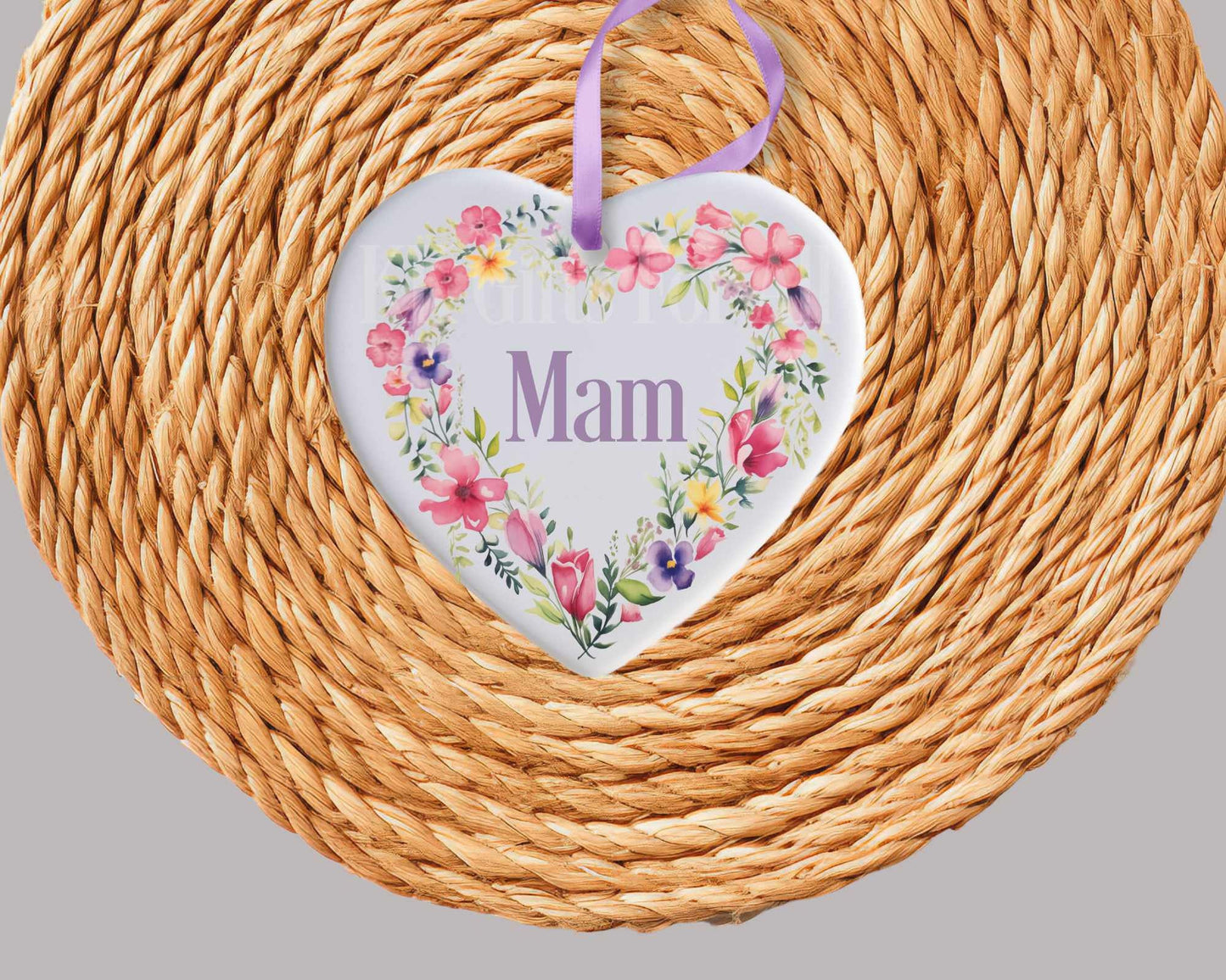 Personalised Ceramic Heart Decoration, Mothers Day Gift Mum Nan Gran Godmother, Floral Heart Hanging Ornament