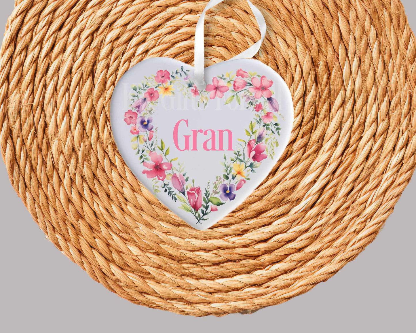 Personalised Ceramic Heart Decoration, Mothers Day Gift Mum Nan Gran Godmother, Floral Heart Hanging Ornament