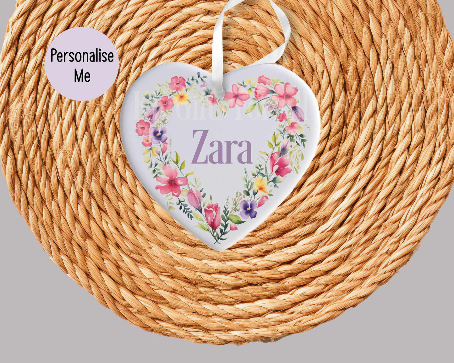 Personalised Ceramic Heart Decoration, Mothers Day Gift Mum Nan Gran Godmother, Floral Heart Hanging Ornament