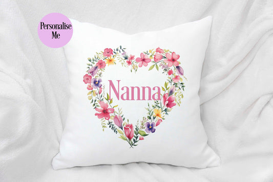 Personalised Floral Hear Cushion, Floral Home Decor Pillow, Gift For Teen Bedroom, Mothers Day Gift Mum Nan Gran Mamgu