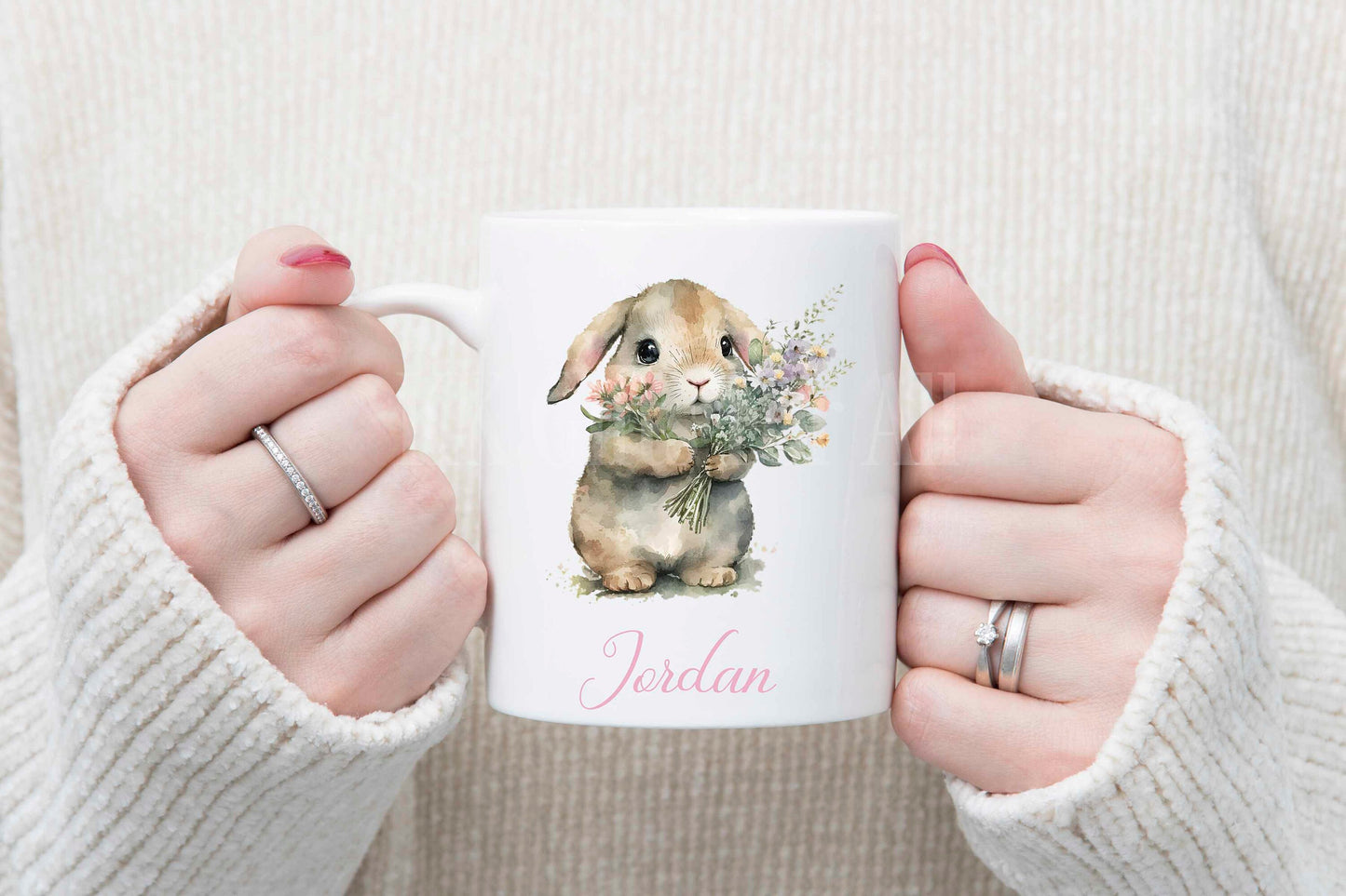 Personalised Bunny Mug & Coaster, Bunny Rabbit With Flowers, Spring Bunny Mug, Easter Mug