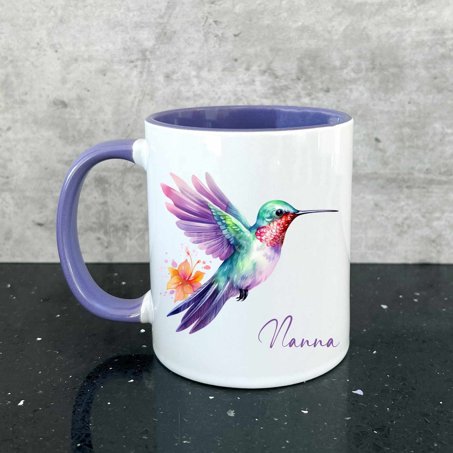 Personalised Hummingbird Mug & Coaster, Gift For Friend, Bird Lover Gifts, Purple Hummingbird