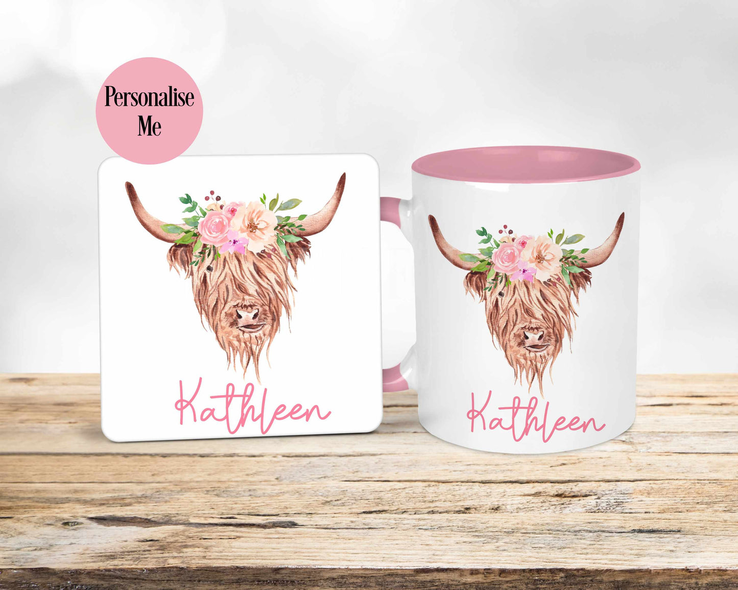 Personalised Highland Cow Mug & Coaster, Floral Cow Gifts, Gift For Cow Lovers, Friend Auntie Mum Birthday Gift