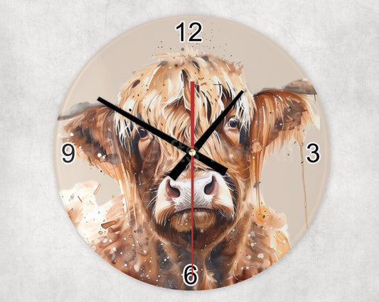 Highland Cow Glass Clock, Wall Clock, Highland Cow Gifts, Farmhouse Guesthouse Cottage Wall Clock