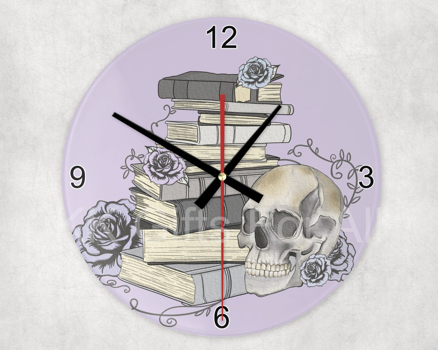 Skull Glass Clock, Lilac Skull Wall Clock, Gift For Gothic Skull Lover