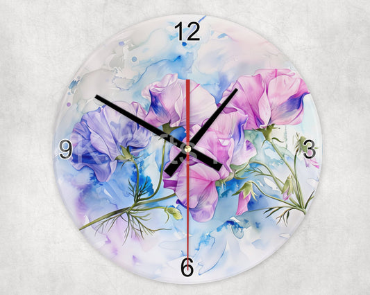 Sweet Pea Glass Clock, Flower Wall Clock, Pink Purple Sweetpea Gifts