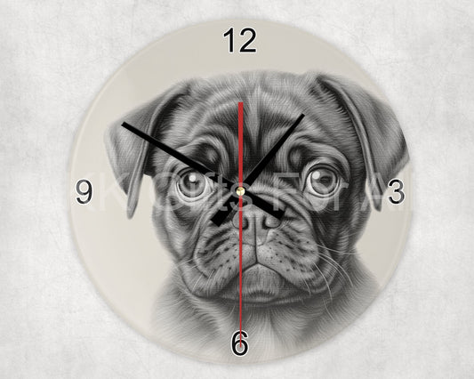 Pug Glass Clock, Black Pug Wall Clock, Gift For Pug Owner