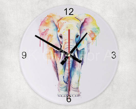 Elephant Glass Clock, Rainbow Elephant Wall Clock, Elephant Lover Gifts